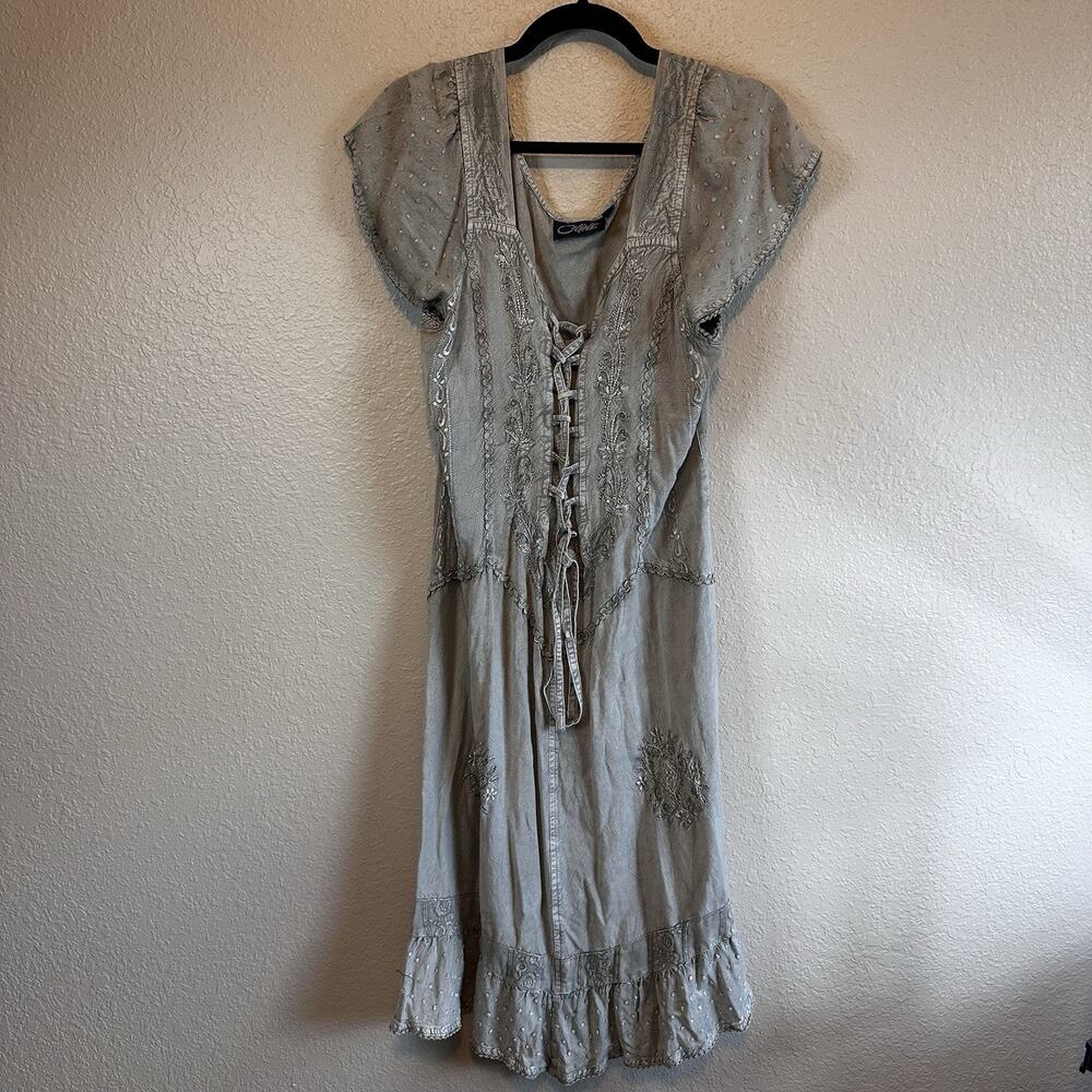 Coline Sage Green Rayon Renaissance Peasant Corset Embroidered Midi Dress Size L
